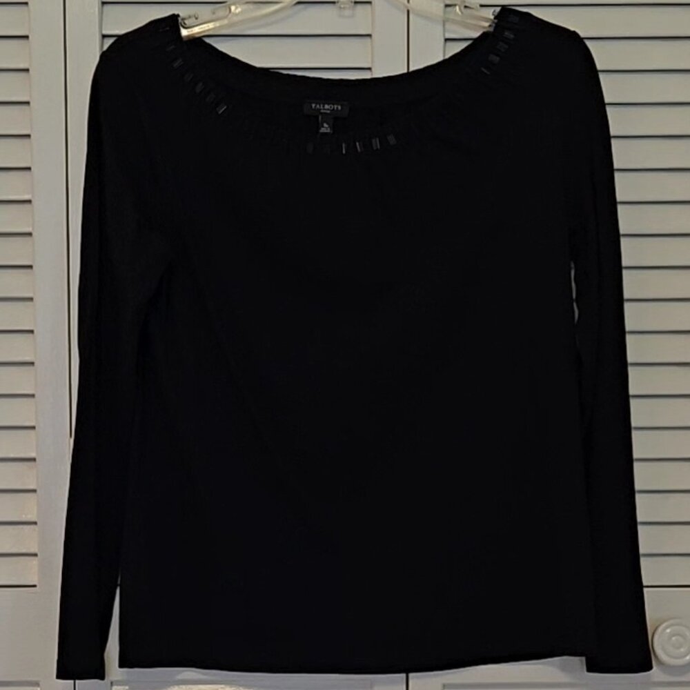 Talbots Petite Black Top Beaded Neckline - Size PS